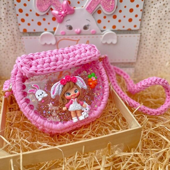 Handmade knit crochet girl's pink clear bag handmade crochet crossbody purse